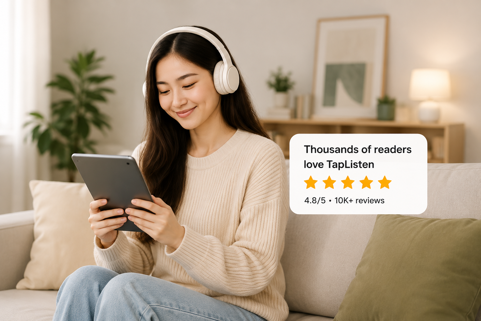 A reader enjoying TapListen at home with headphones — 4.8 out of 5 stars from thousands of readers